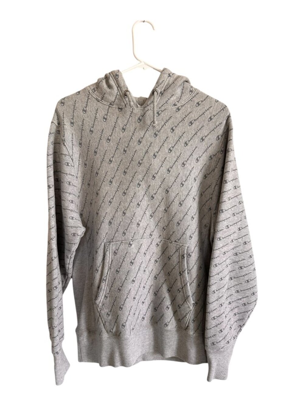 Champion Reverse Weave Hoodie Mens M Gray All Over Script Logo S2974